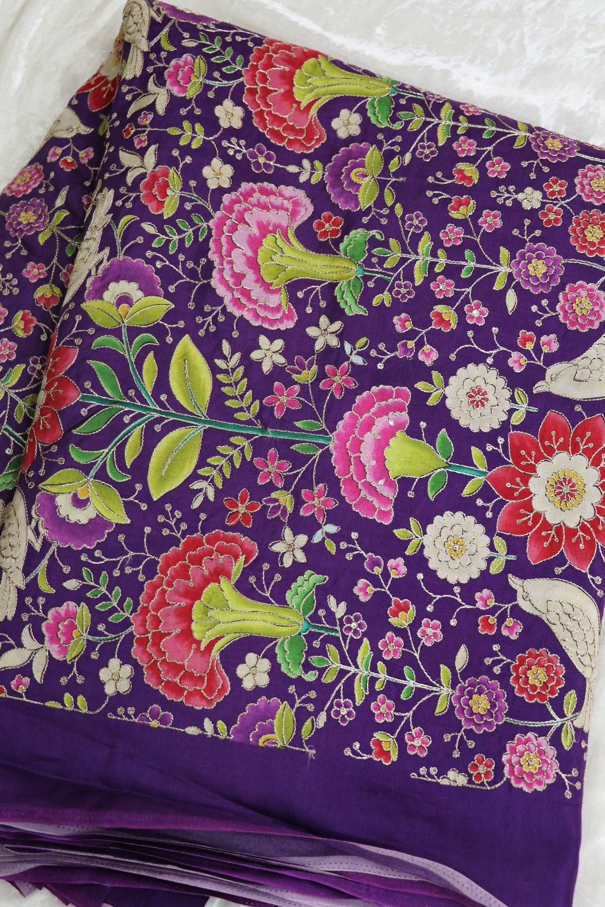 Floral & Birds Printed Dola Silk Fabric Highlighted With Zari Threads & Sequins