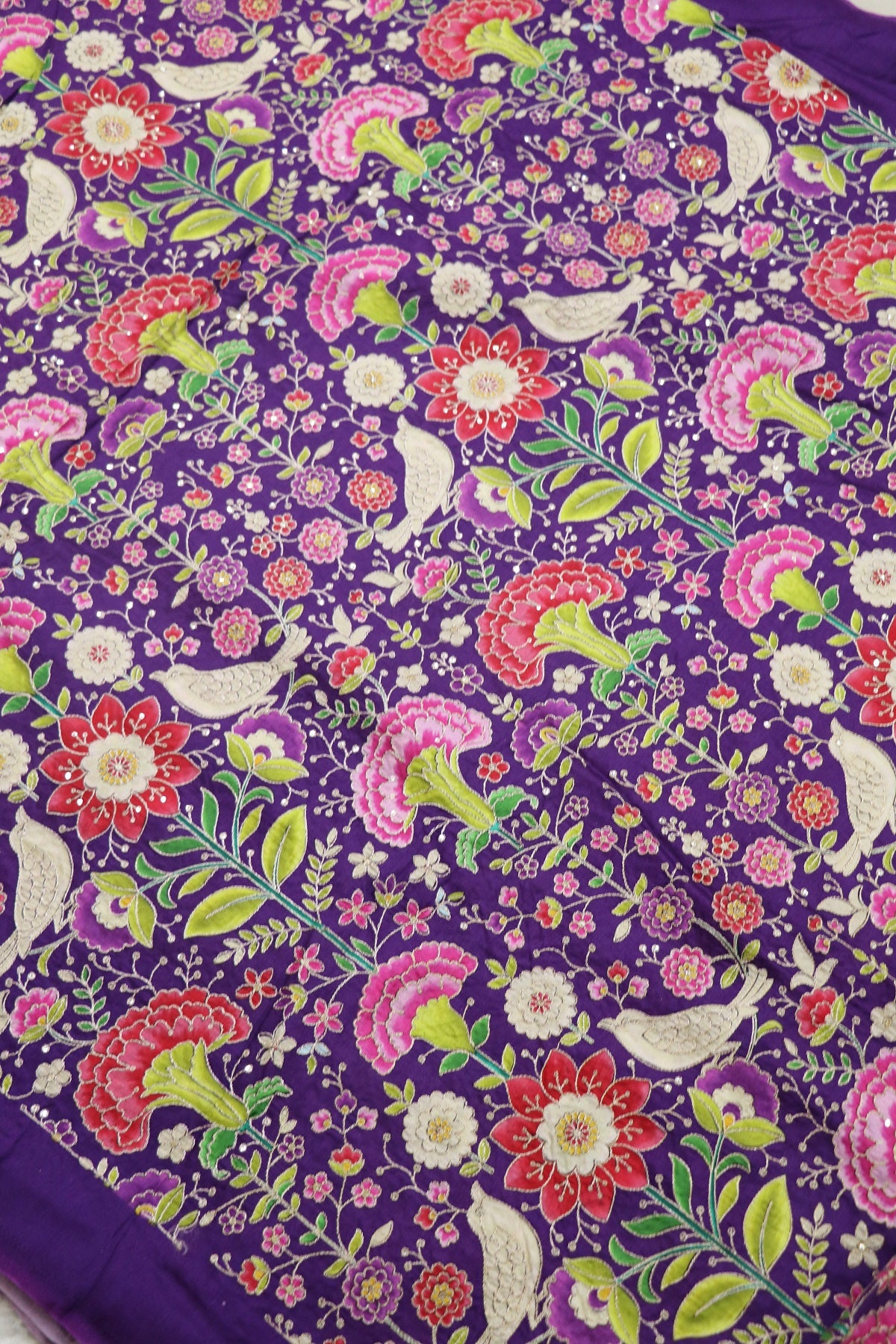 Floral & Birds Printed Dola Silk Fabric Highlighted With Zari Threads & Sequins