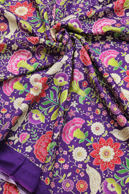 Floral & Birds Printed Dola Silk Fabric Highlighted With Zari Threads & Sequins