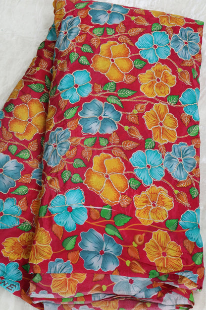 Floral Printed Natural Crepe Fabric highlighted With Zari Threads
