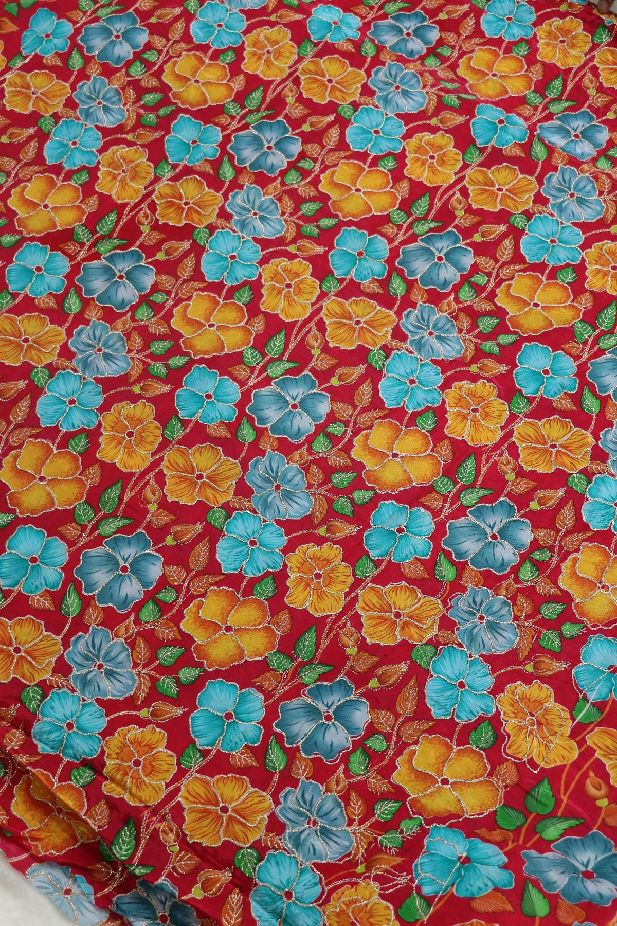 Floral Printed Natural Crepe Fabric highlighted With Zari Threads