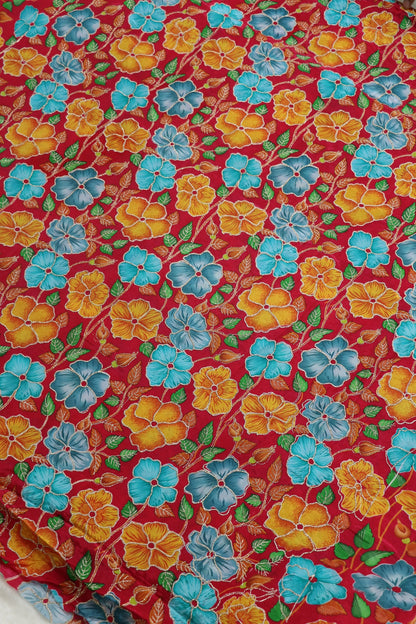 Floral Printed Natural Crepe Fabric highlighted With Zari Threads