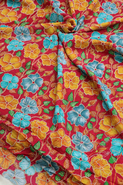 Floral Printed Natural Crepe Fabric highlighted With Zari Threads
