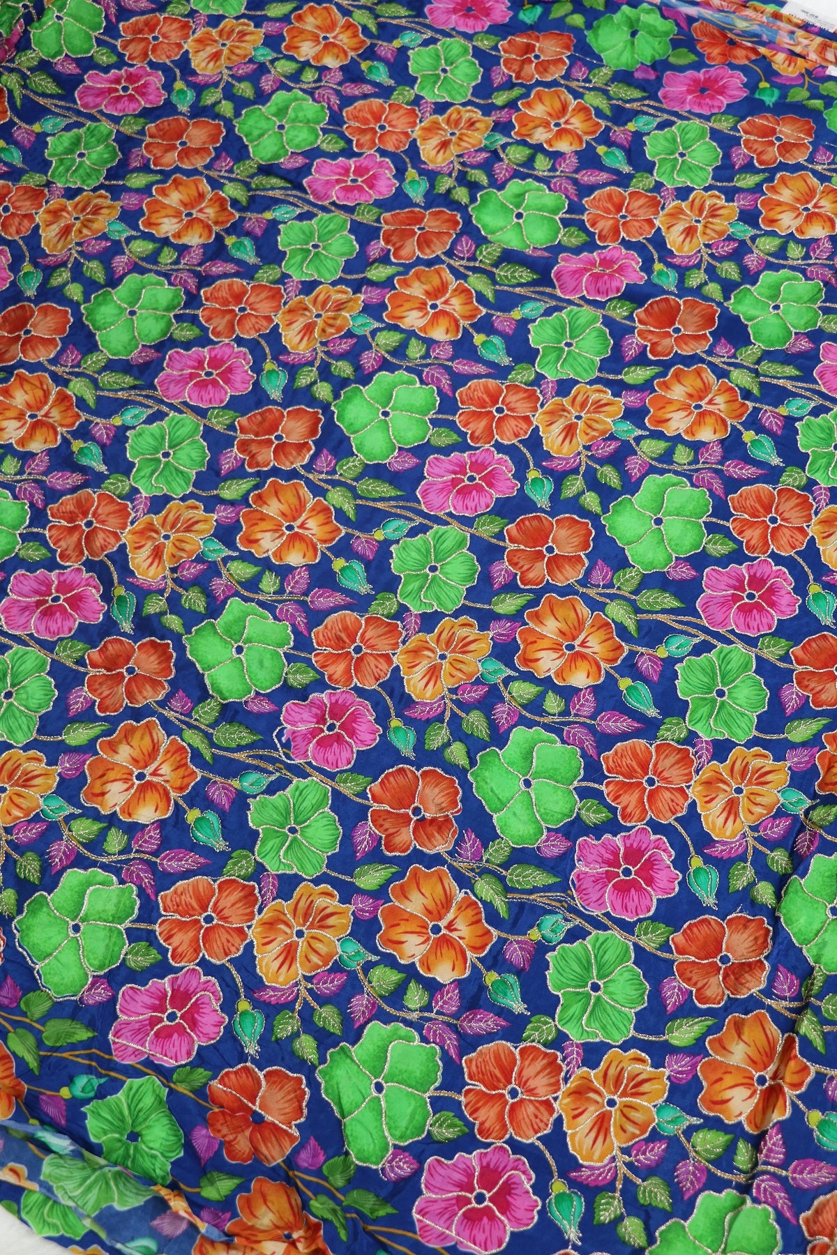 Floral Printed Natural Crepe Fabric highlighted With Zari Threads