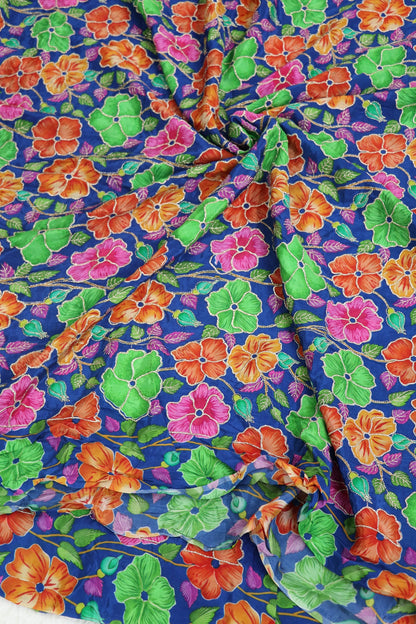 Floral Printed Natural Crepe Fabric highlighted With Zari Threads