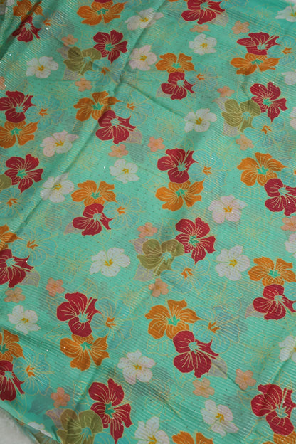 Mint Blue Horizontal Stripes Embroidered Floral Printed Chinon Fabric With Sequins