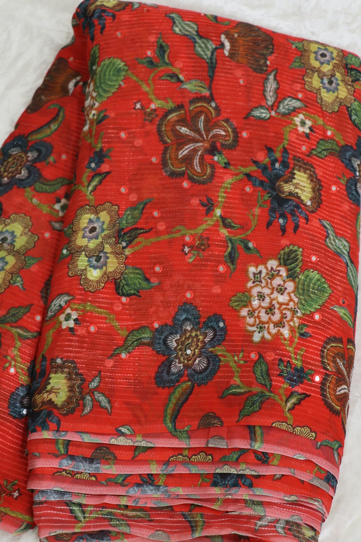 Imperial Red Horizontal Stripes Embroidered Chinon Fabric With Mirror Work