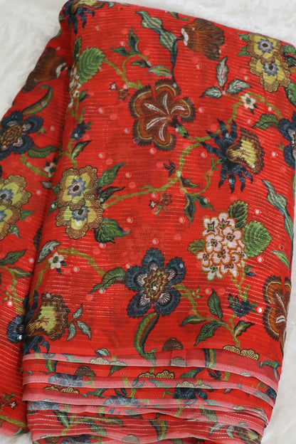 Imperial Red Horizontal Stripes Embroidered Chinon Fabric With Mirror Work