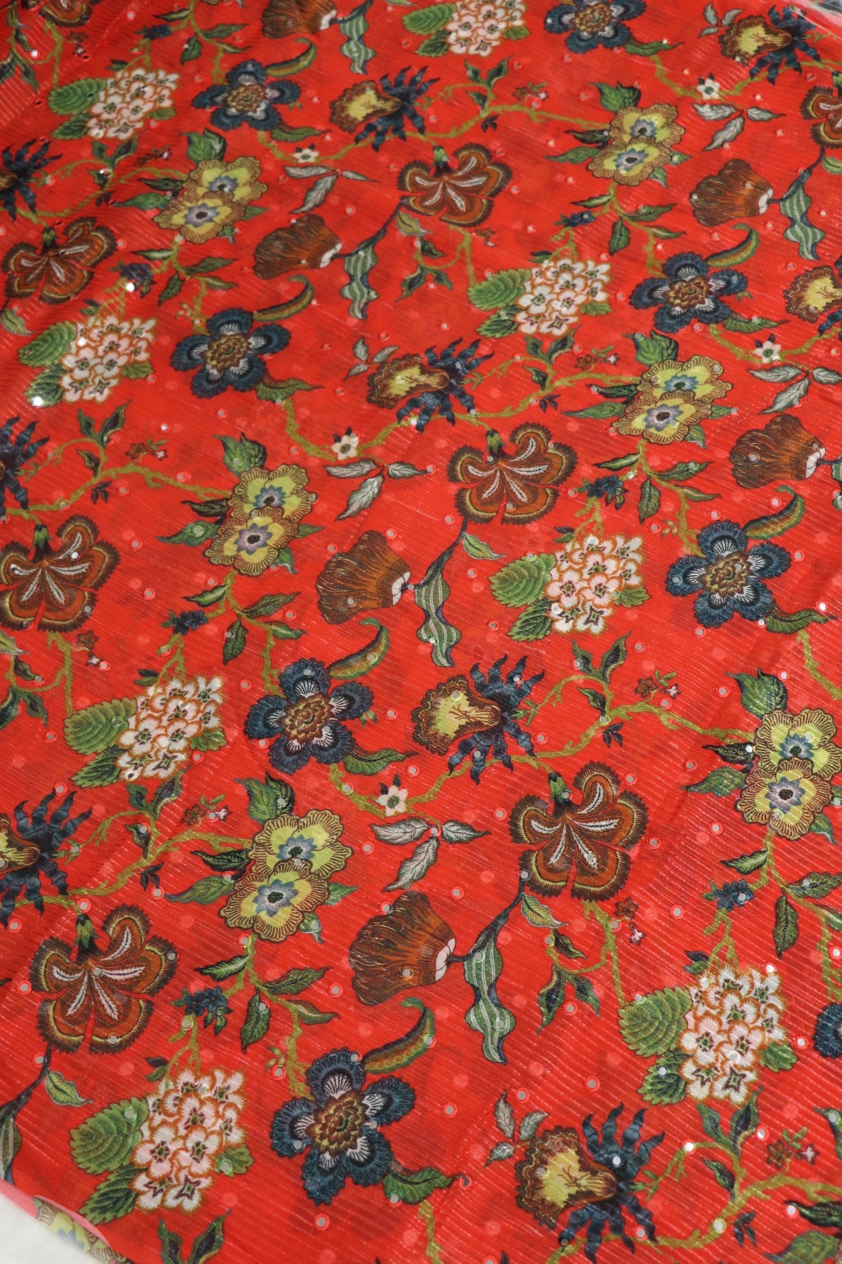 Imperial Red Horizontal Stripes Embroidered Chinon Fabric With Mirror Work