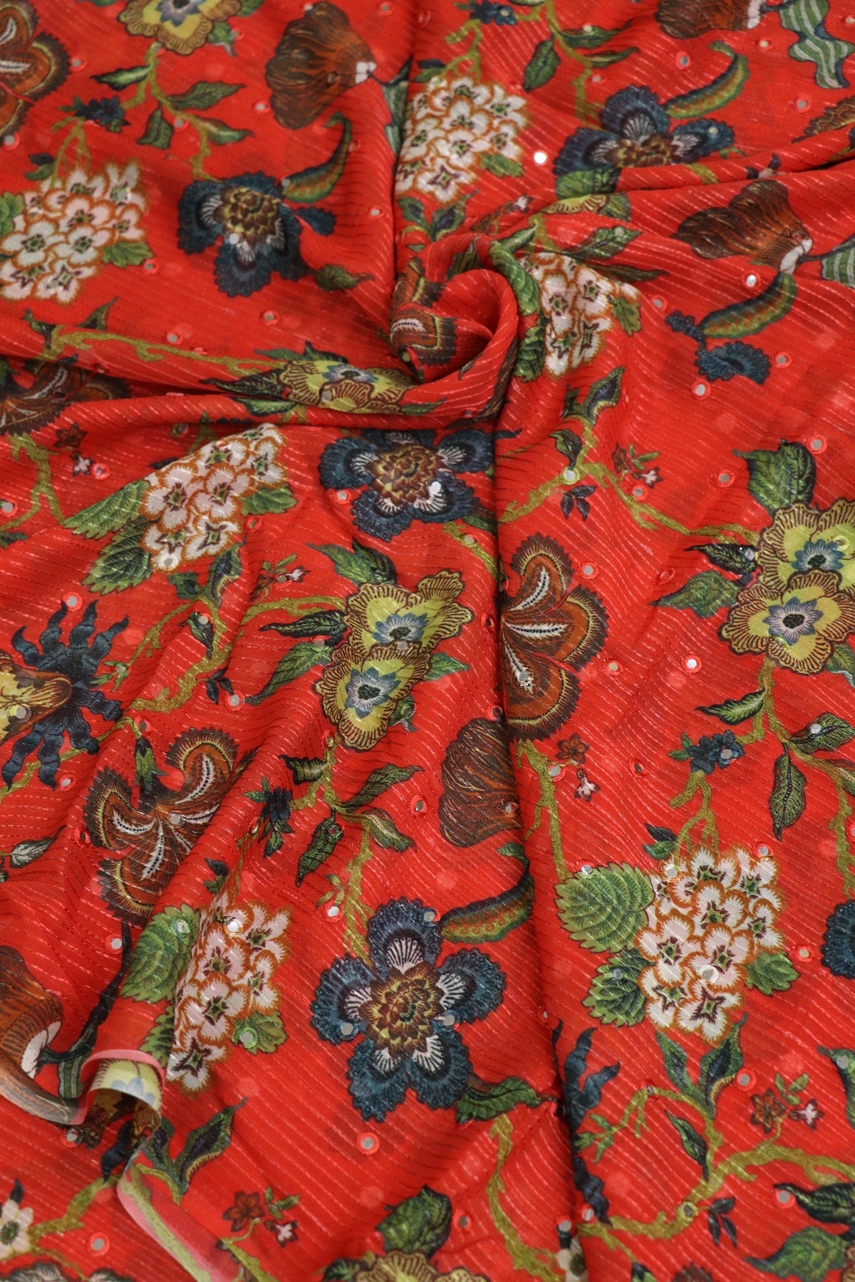 Imperial Red Horizontal Stripes Embroidered Chinon Fabric With Mirror Work