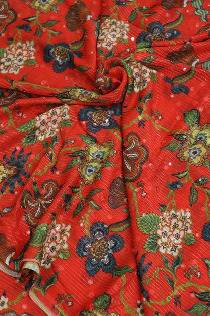 Imperial Red Horizontal Stripes Embroidered Chinon Fabric With Mirror Work