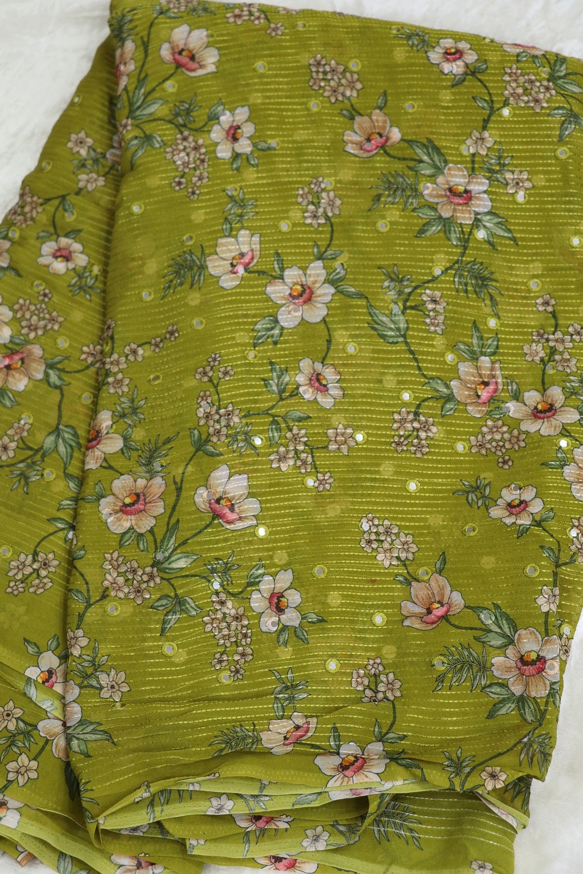 Tea Green Horizontal Stripes Embroidered Chinon Fabric With Mirror Work