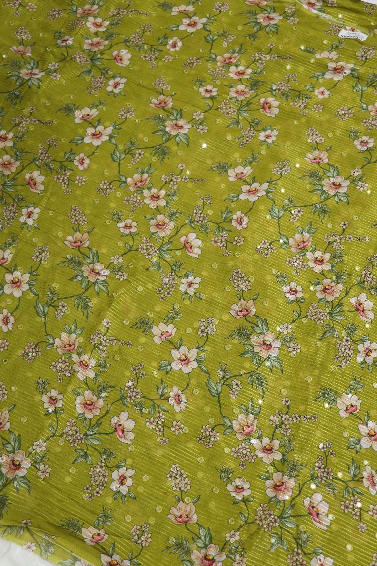 Tea Green Horizontal Stripes Embroidered Chinon Fabric With Mirror Work