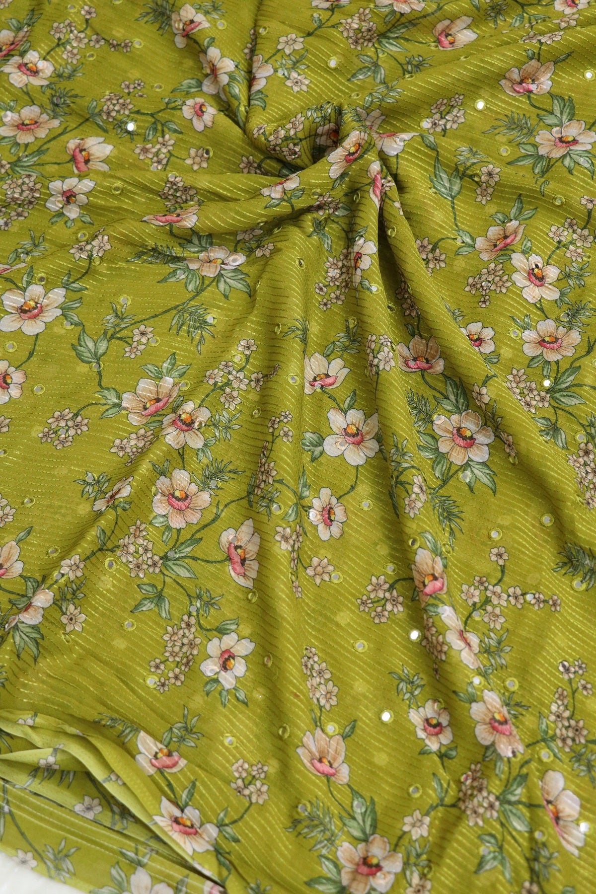 Tea Green Horizontal Stripes Embroidered Chinon Fabric With Mirror Work