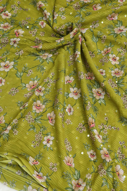 Tea Green Horizontal Stripes Embroidered Chinon Fabric With Mirror Work