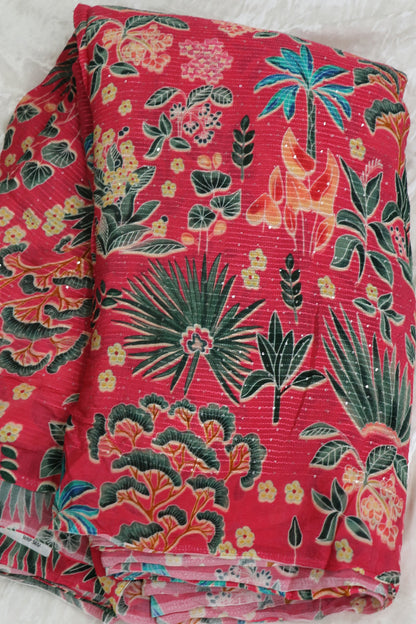 Frenchrose Pink Horizontal Stripes Embroidered Tropical Theme Printed Chinon Fabric With Sequins