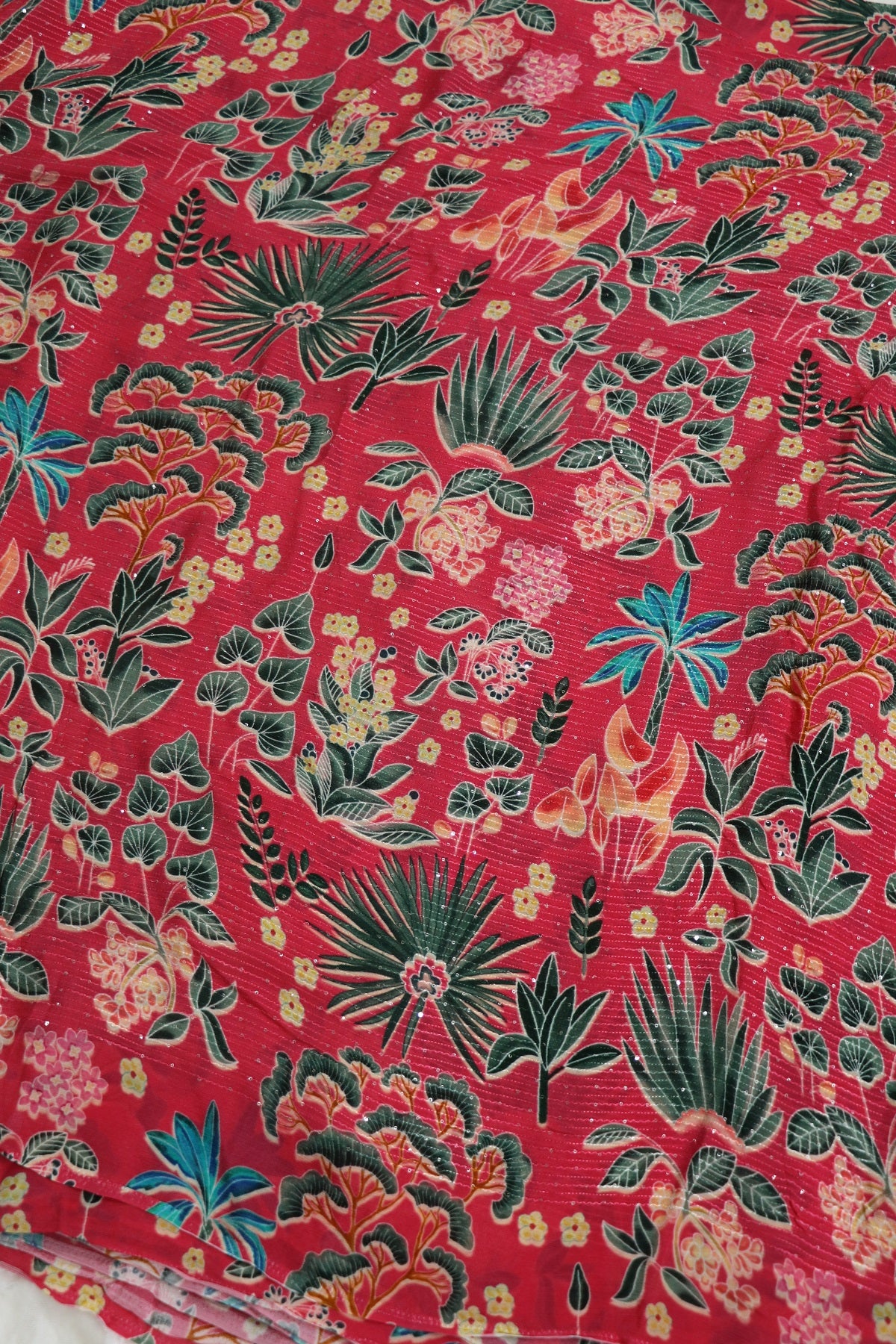 Frenchrose Pink Horizontal Stripes Embroidered Tropical Theme Printed Chinon Fabric With Sequins