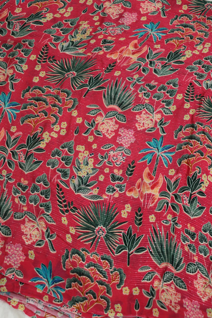 Frenchrose Pink Horizontal Stripes Embroidered Tropical Theme Printed Chinon Fabric With Sequins