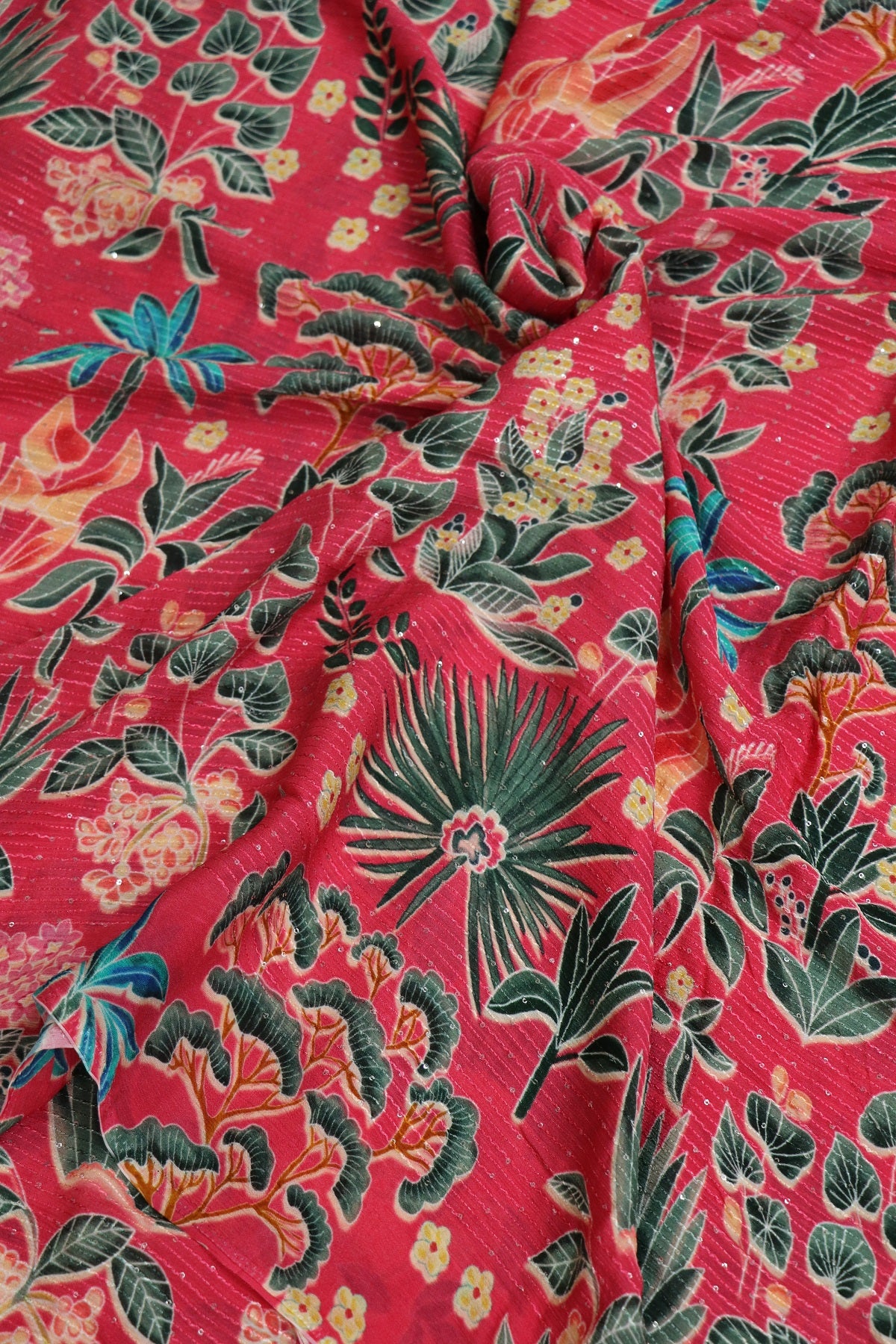 Frenchrose Pink Horizontal Stripes Embroidered Tropical Theme Printed Chinon Fabric With Sequins