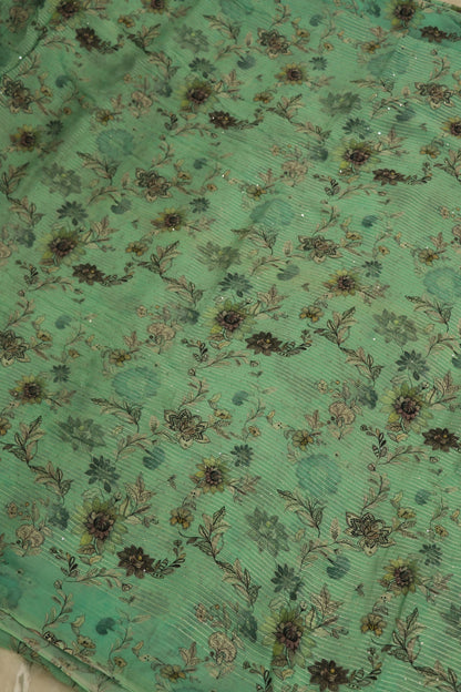 Aqua Marine Blue Horizontal Stripes Embroidered Floral Printed Chinon Fabric With Sequins