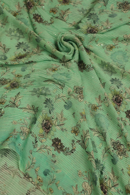 Aqua Marine Blue Horizontal Stripes Embroidered Floral Printed Chinon Fabric With Sequins