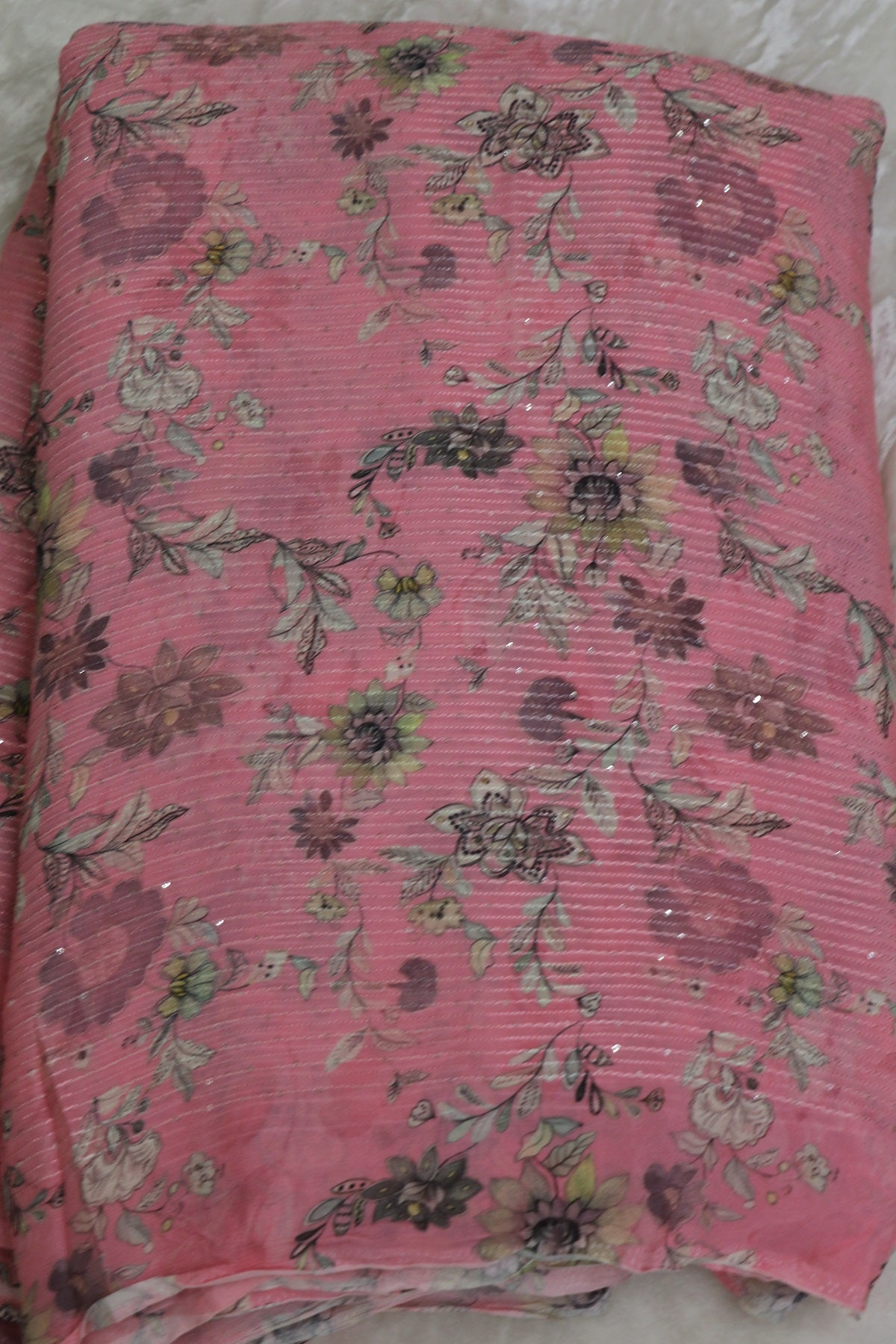 Baby Pink Horizontal Stripes Embroidered Floral Printed Chinon Fabric With Sequins