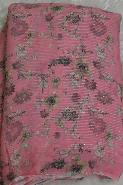 Baby Pink Horizontal Stripes Embroidered Floral Printed Chinon Fabric With Sequins