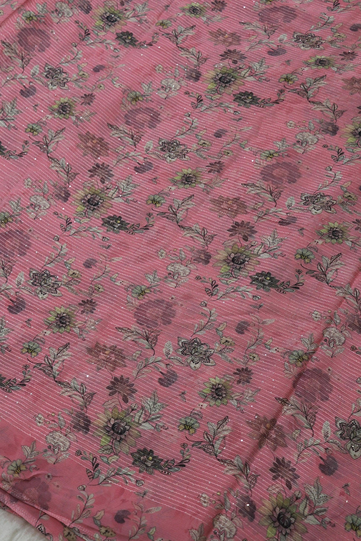 Baby Pink Horizontal Stripes Embroidered Floral Printed Chinon Fabric With Sequins