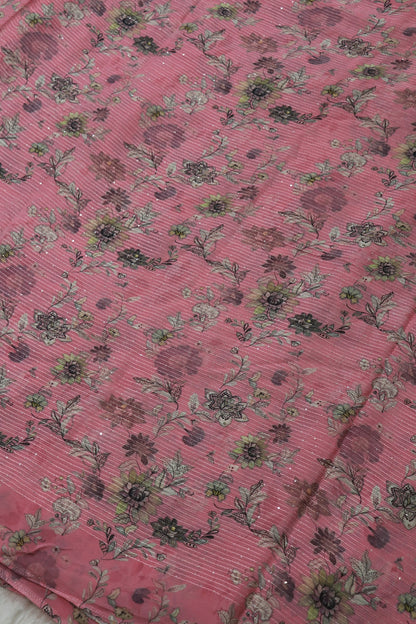 Baby Pink Horizontal Stripes Embroidered Floral Printed Chinon Fabric With Sequins