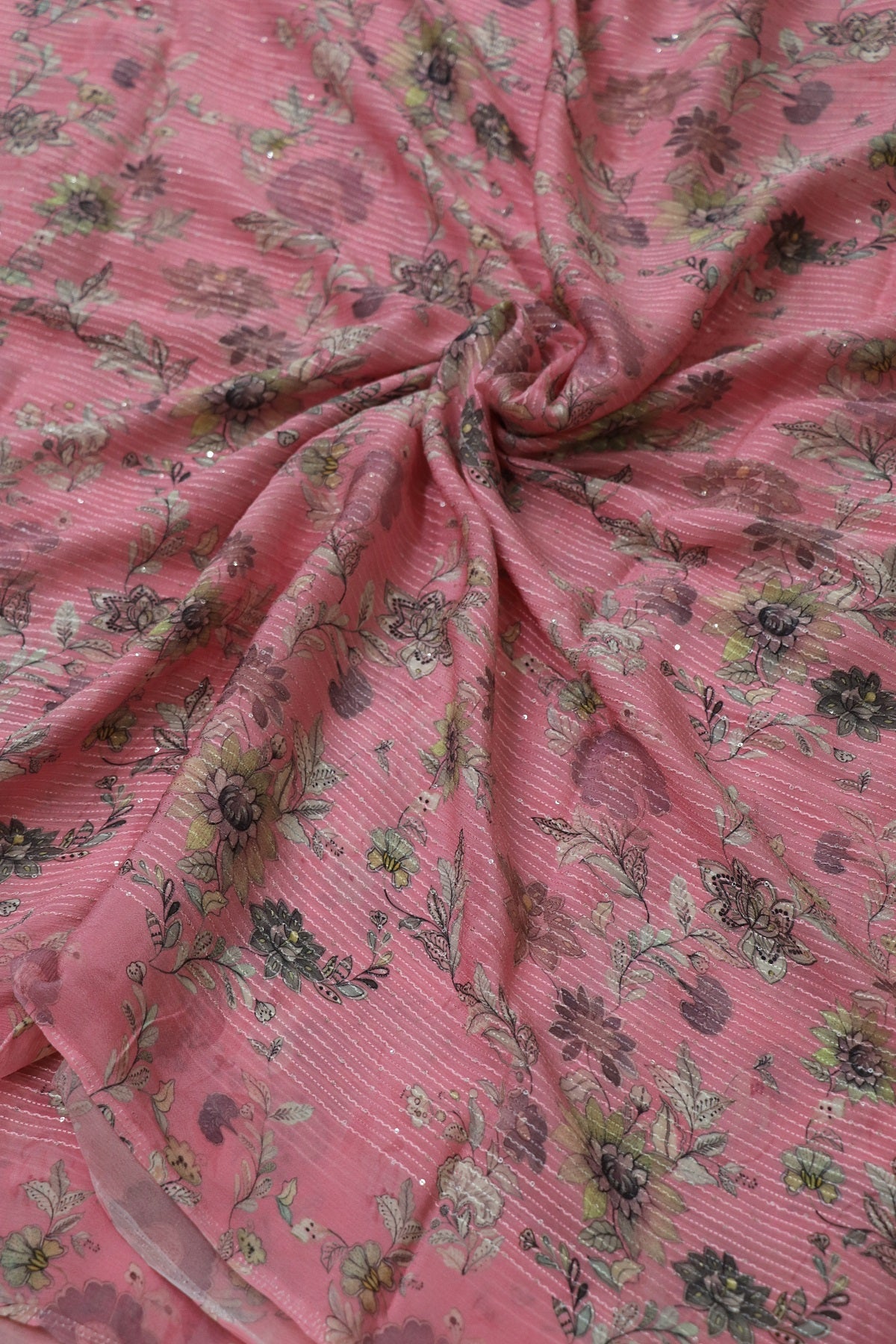 Baby Pink Horizontal Stripes Embroidered Floral Printed Chinon Fabric With Sequins