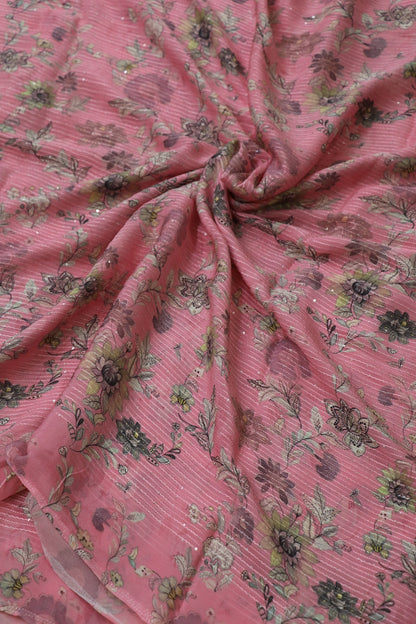 Baby Pink Horizontal Stripes Embroidered Floral Printed Chinon Fabric With Sequins