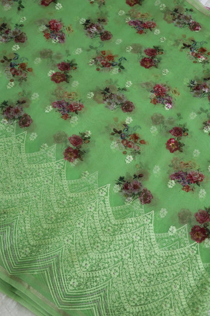 Cool Mint Green Printed & white Thread Embroidered Organza Fabric