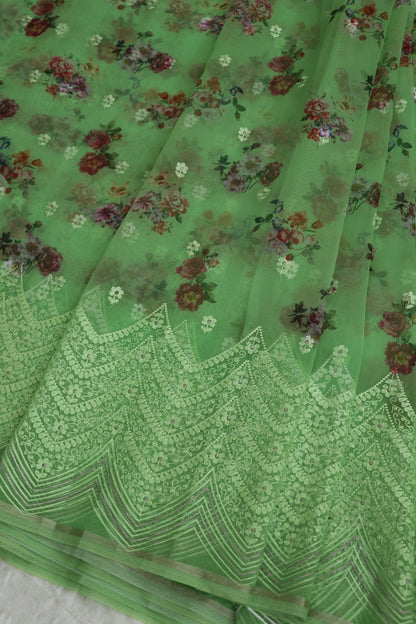 Cool Mint Green Printed & white Thread Embroidered Organza Fabric