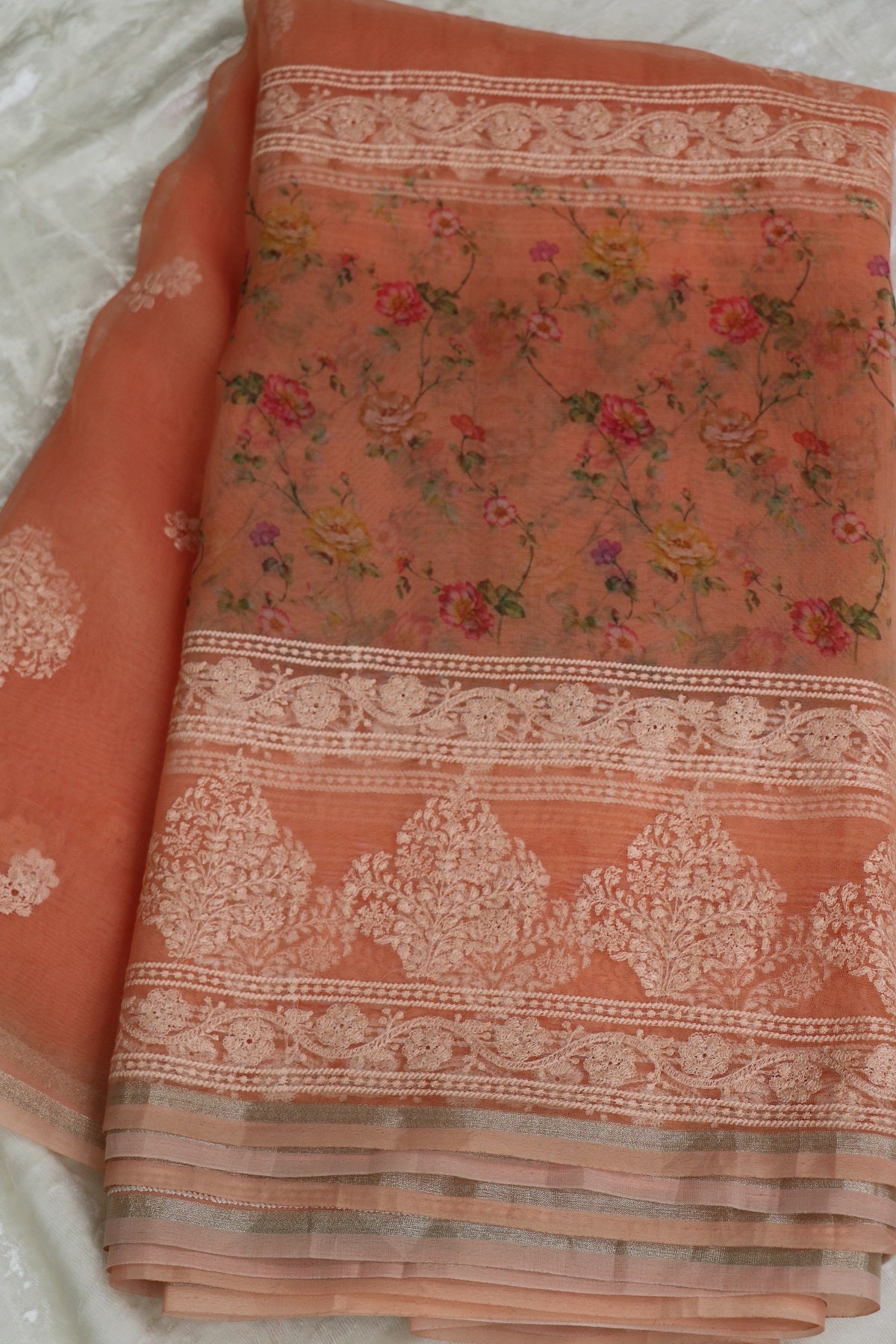Salmon Peach Printed & White Thread Embroidered Organza Fabric