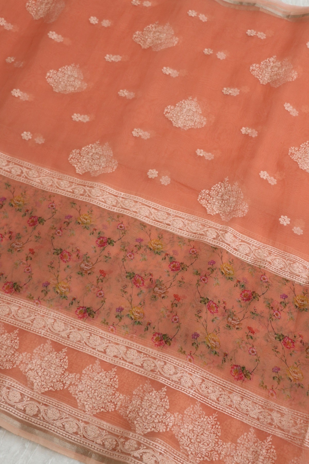 Salmon Peach Printed & White Thread Embroidered Organza Fabric