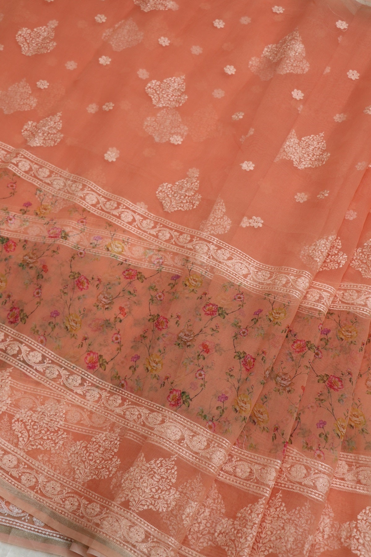 Salmon Peach Printed & White Thread Embroidered Organza Fabric