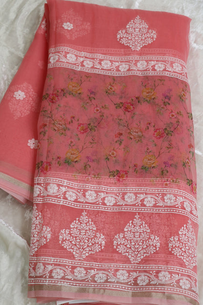 Soft Peach Pink Printed & white Thread Embroidered Organza Fabric