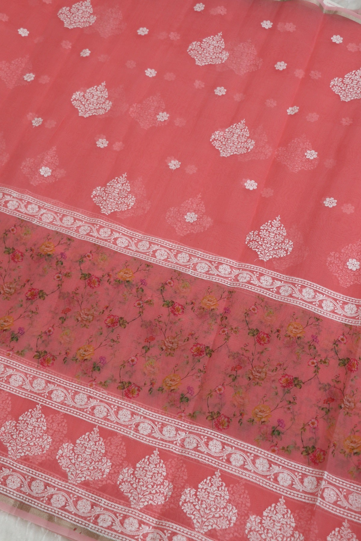 Soft Peach Pink Printed & white Thread Embroidered Organza Fabric