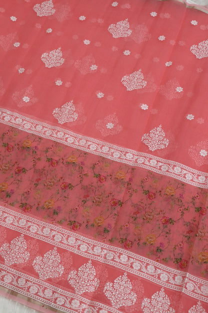 Soft Peach Pink Printed & white Thread Embroidered Organza Fabric