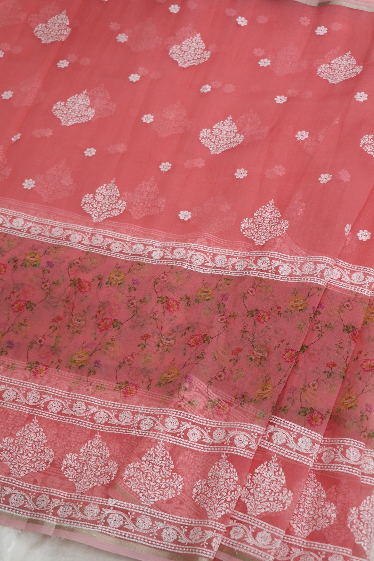 Soft Peach Pink Printed & white Thread Embroidered Organza Fabric