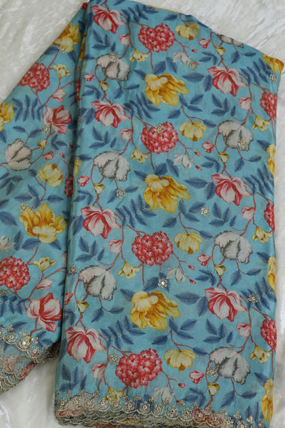 Ice Berg Blue Floral Printed Uppada Tissue Fabric With Scalloped Borders Zari Thread & Sequins Embroidered