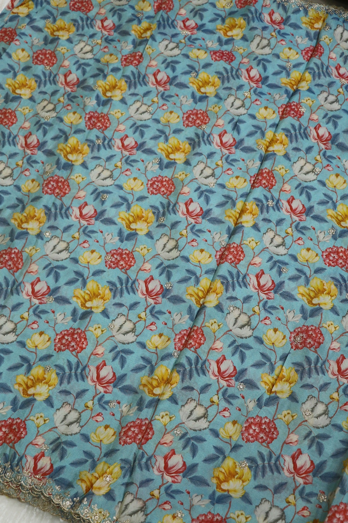 Ice Berg Blue Floral Printed Uppada Tissue Fabric With Scalloped Borders Zari Thread & Sequins Embroidered