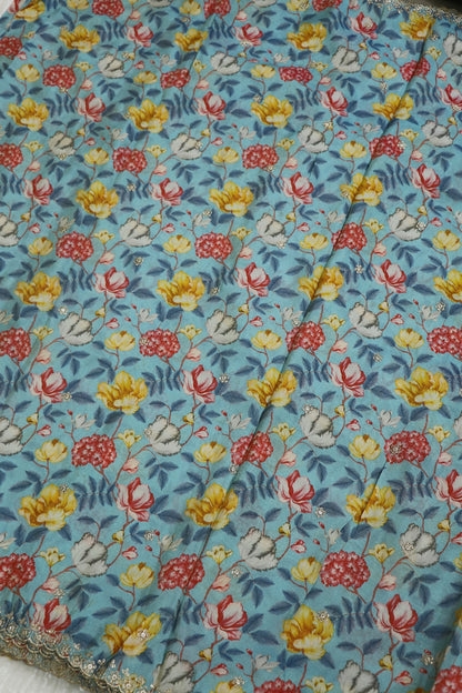 Ice Berg Blue Floral Printed Uppada Tissue Fabric With Scalloped Borders Zari Thread & Sequins Embroidered