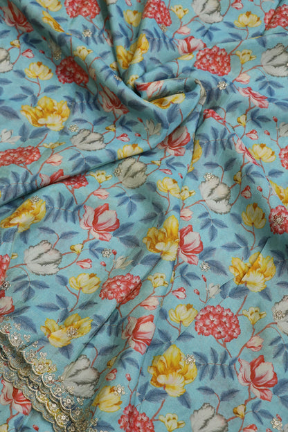 Ice Berg Blue Floral Printed Uppada Tissue Fabric With Scalloped Borders Zari Thread & Sequins Embroidered