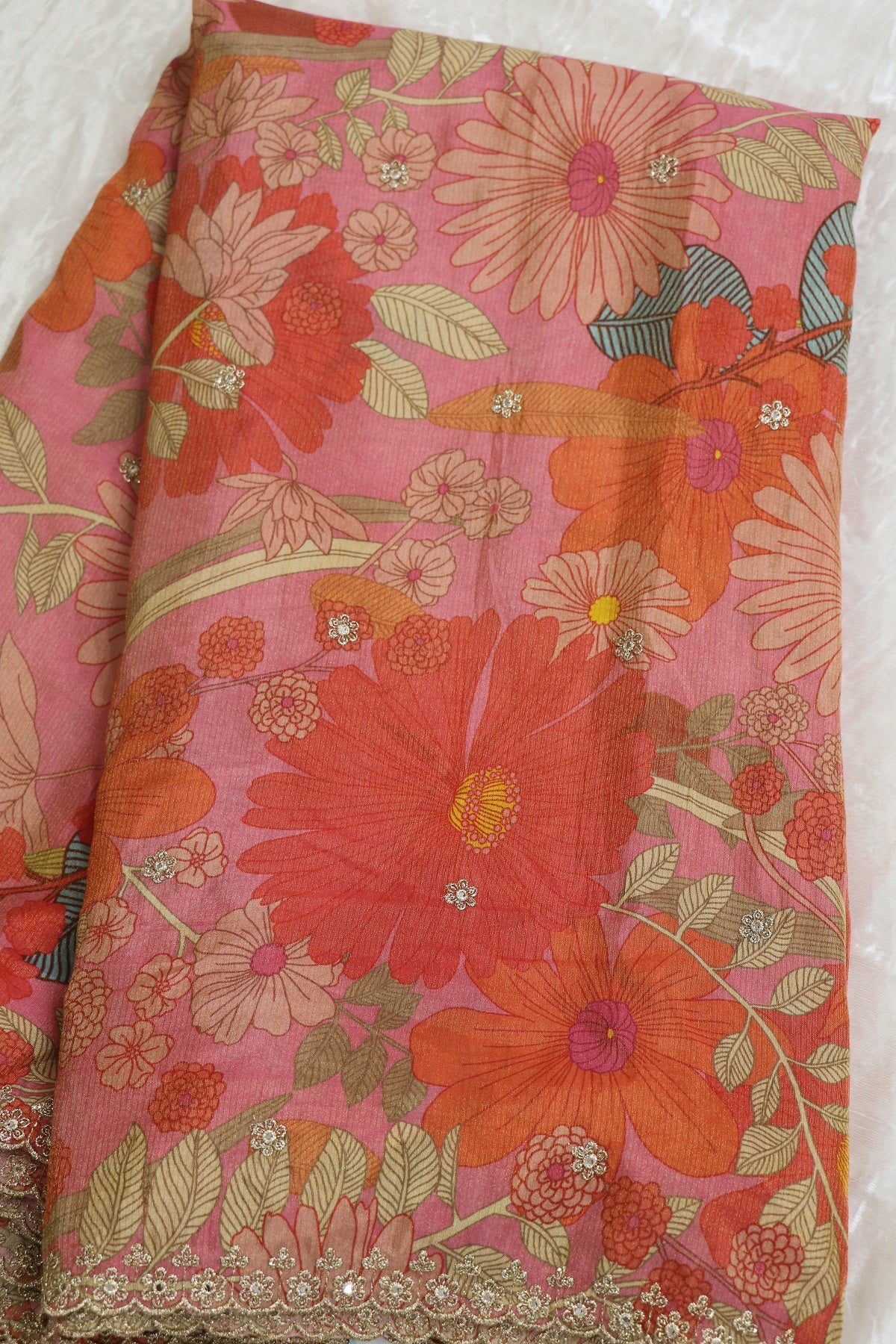 Flamingo Pink Floral Printed Uppada Tissue Fabric With Scalloped Borders Zari Thread & Sequins Embroidered