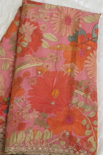 Flamingo Pink Floral Printed Uppada Tissue Fabric With Scalloped Borders Zari Thread & Sequins Embroidered