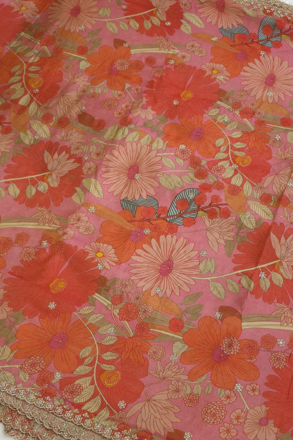 Flamingo Pink Floral Printed Uppada Tissue Fabric With Scalloped Borders Zari Thread & Sequins Embroidered