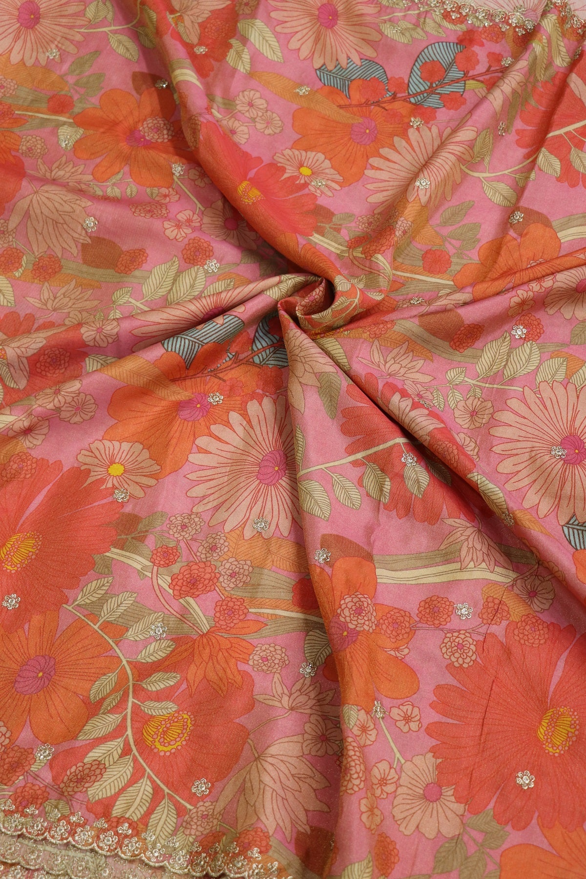 Flamingo Pink Floral Printed Uppada Tissue Fabric With Scalloped Borders Zari Thread & Sequins Embroidered