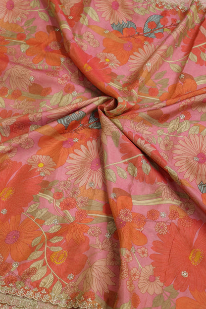 Flamingo Pink Floral Printed Uppada Tissue Fabric With Scalloped Borders Zari Thread & Sequins Embroidered