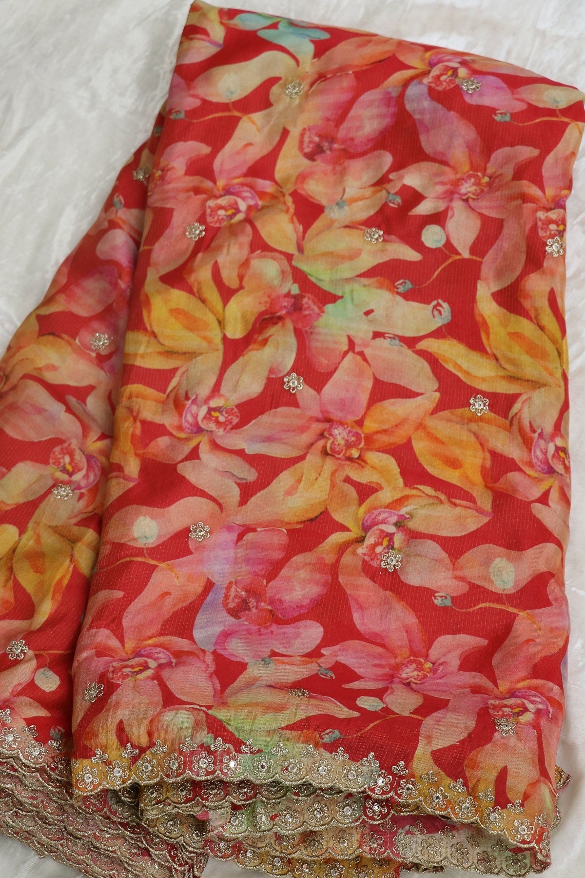 Crimson Red Floral Printed Uppada Tissue Fabric With Scalloped Borders Zari Thread & Sequins Embroidered